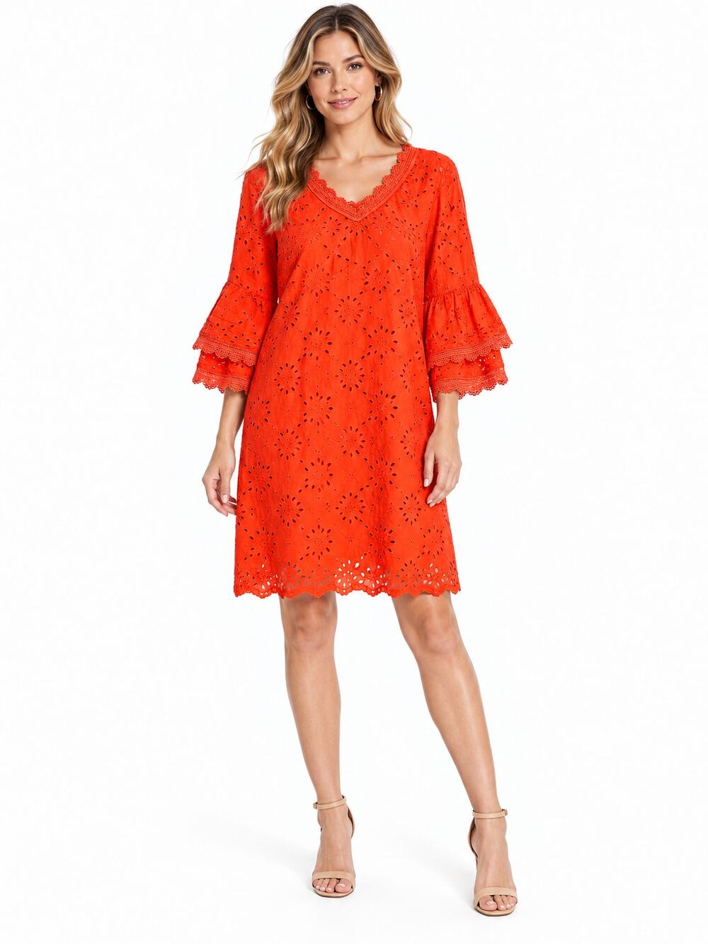 Boston Proper Eyelet Bell Sleeve Mini Dress NWT Orange Size S
